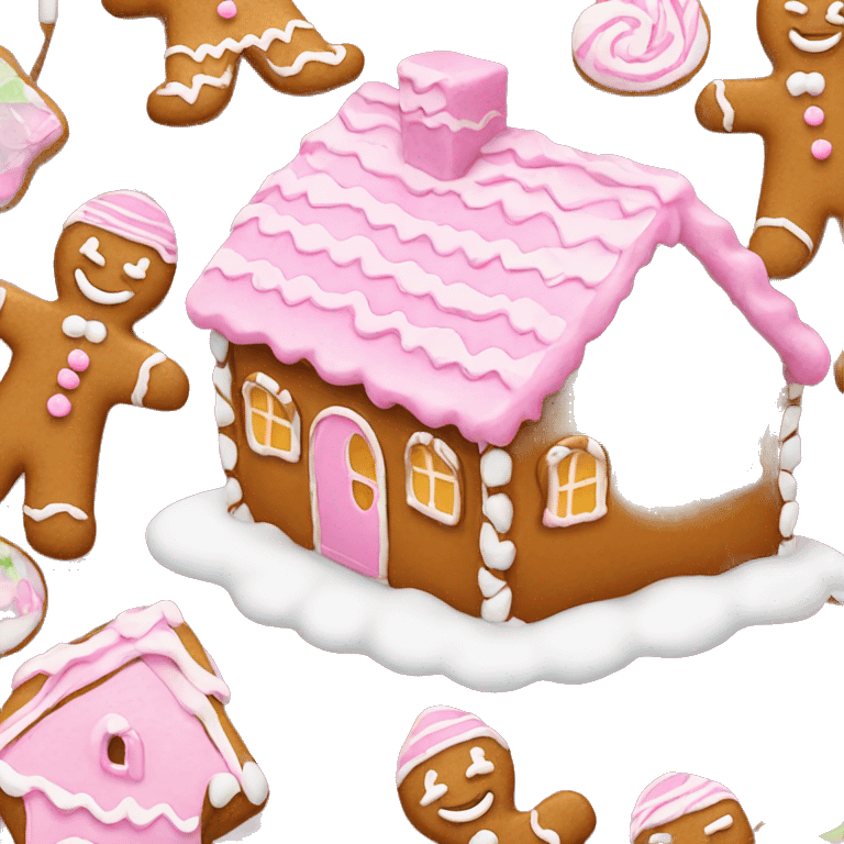 Cute gingerbread house with pink and white frosting emoji