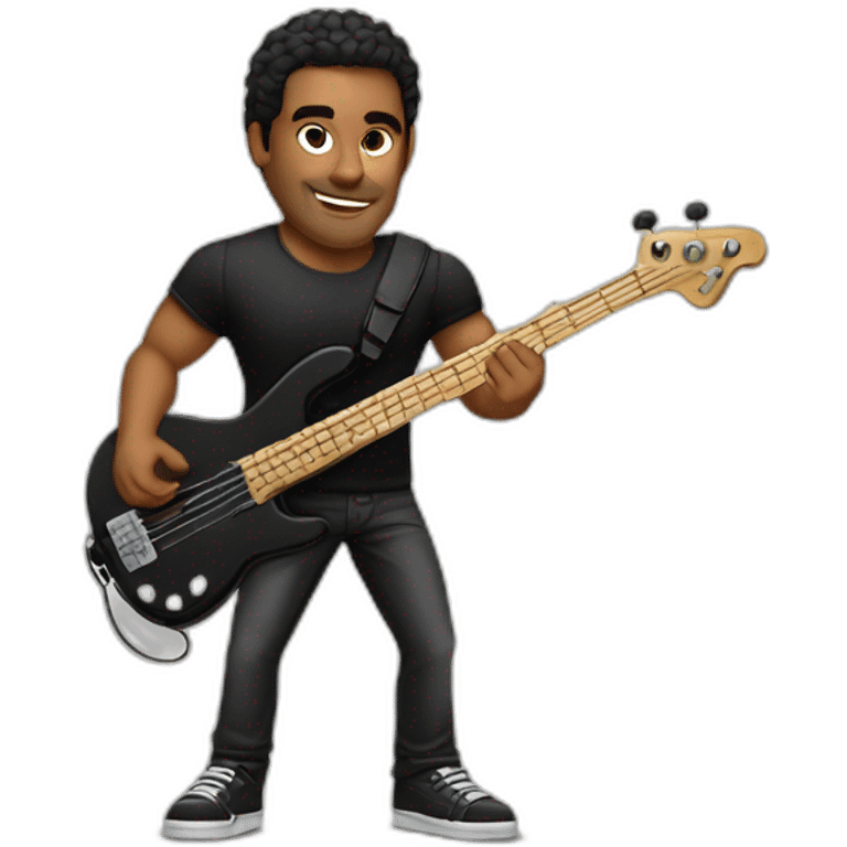 latin lover man, very strong, black, in black shirt, playing electric bass emoji