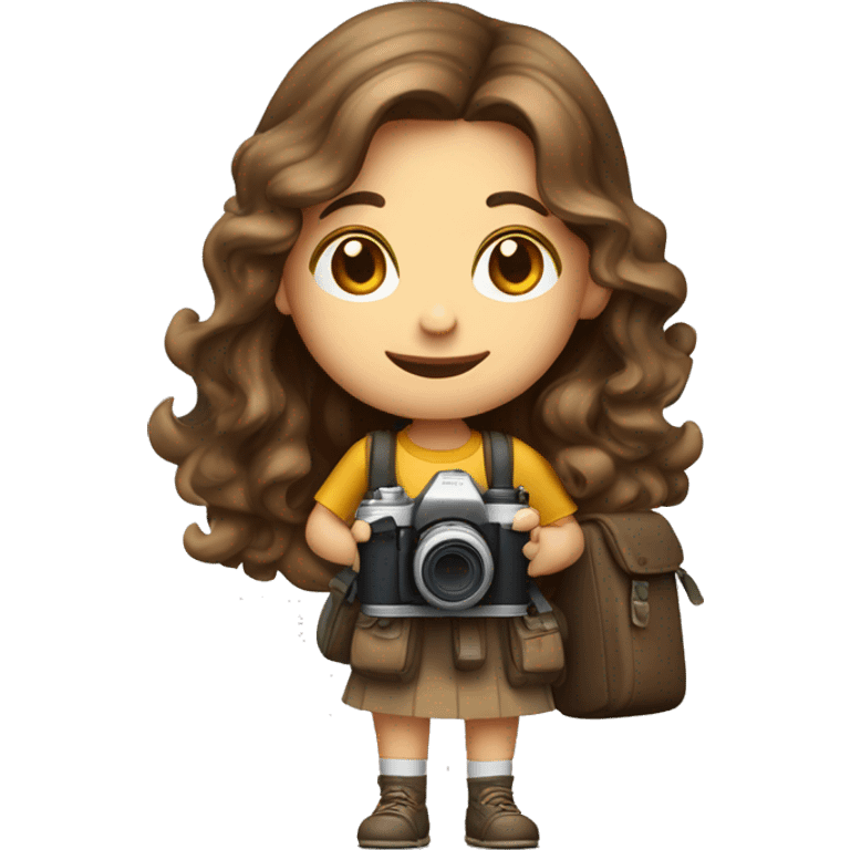 A photographer Girl, with a camera and a backpack ,long soft curl brown hair, White skin, Brown eles, emoji