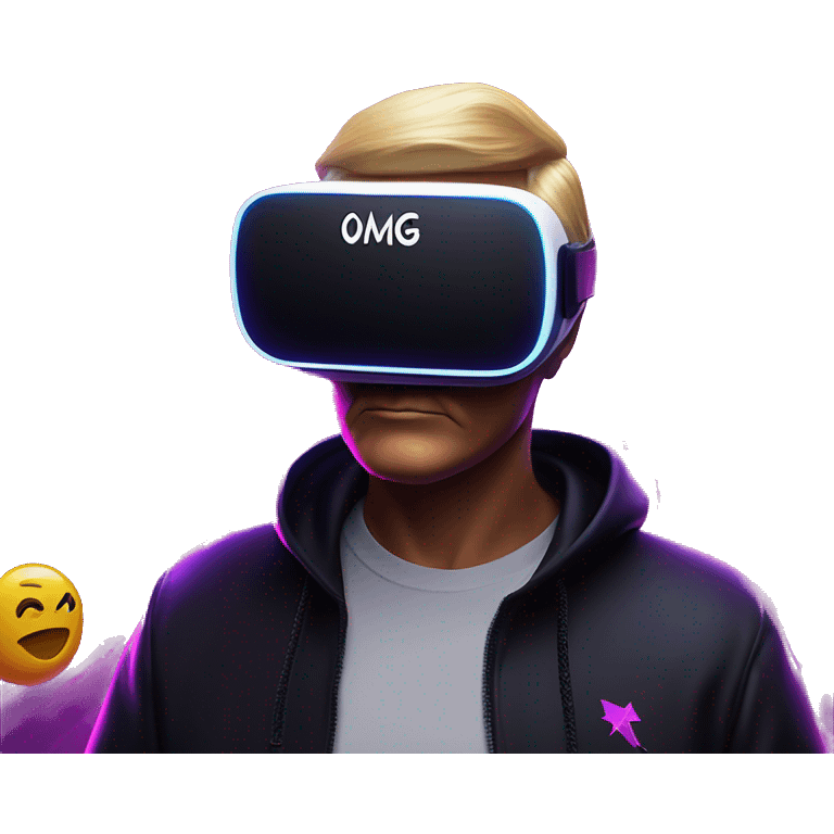 Donald Trump wearing a black hoodie with "OMG" letters on it and VR headset oculus quest 2 in a cyberpunk VR environment with violet neon lighting. emoji