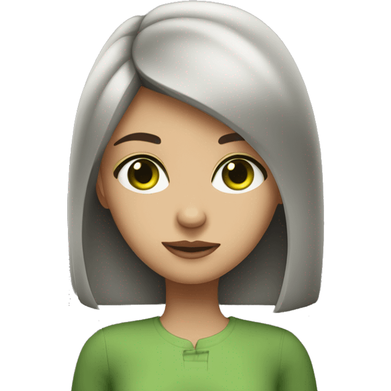 A girl with dark brown hair, green eyes and a snub nose emoji