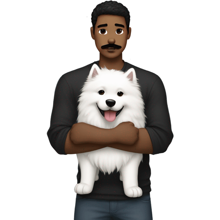 White boy with dark black hair and dark black mustache hugs Samoyed  emoji