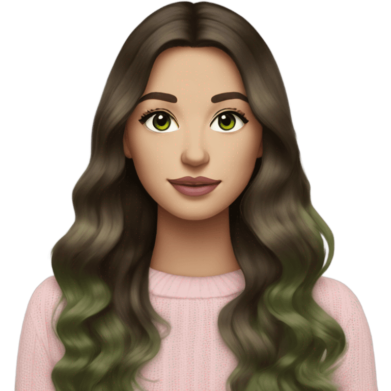 Brunette balayage long hair white woman green eyes black sweater with light pink lips  emoji