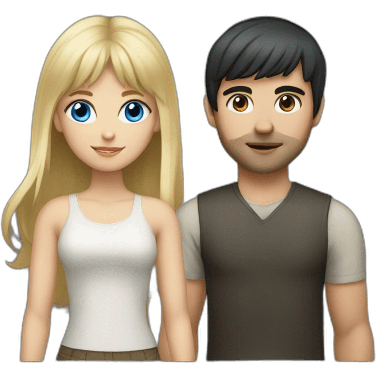 a blonde girl with bangs and blue eyes and a dark-haired guy emoji