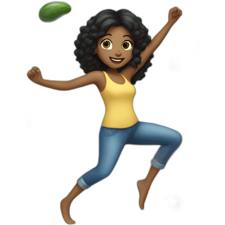 black hair girl dancing salsa surrounded by cucumbers emoji