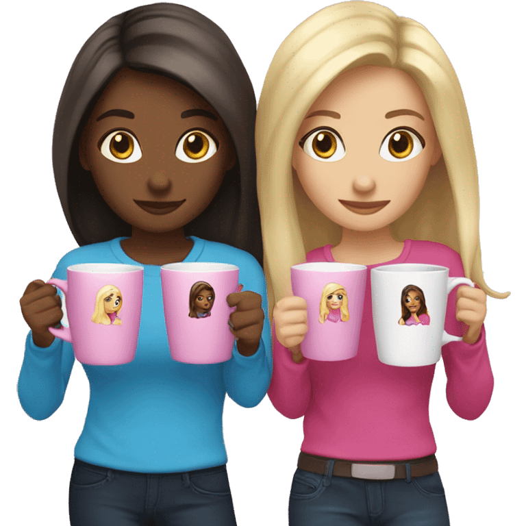 Two sister one is blondie one is brunette and they hold blue and pink coffee mugs emoji