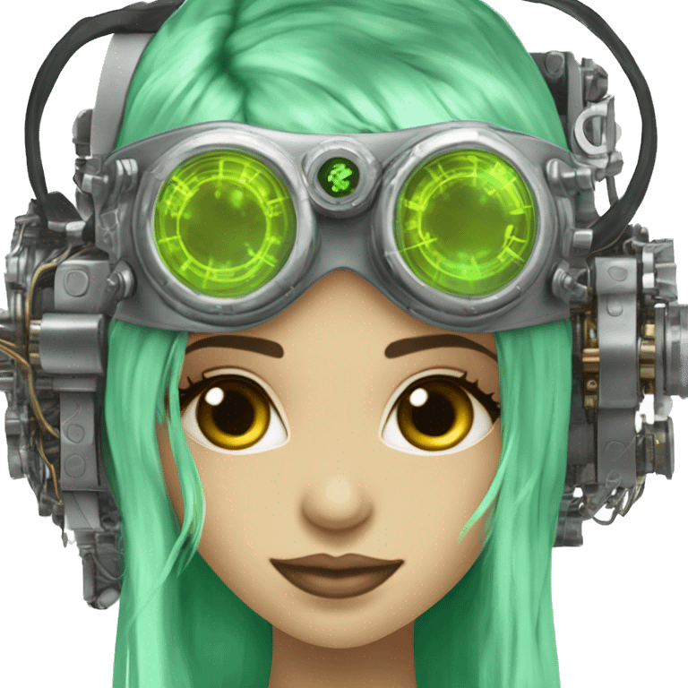 Light green long hair female cyborg head with silver steampunk goggles as a headband, circuits emoji