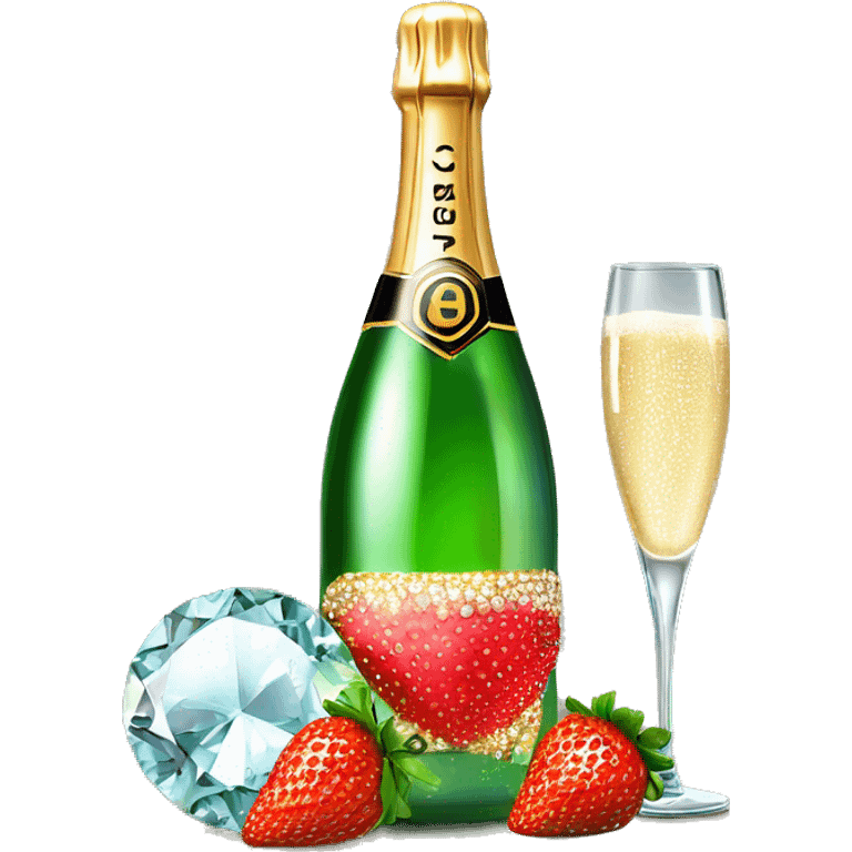 Realistic sparkling diamond glam bottle of champagne with matching skinny glass filled with the champagne with strawberry in the bottle of glass. emoji