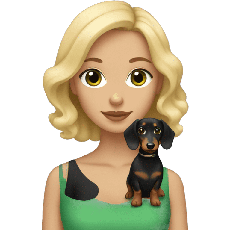 Girl with short wavy blonde hair and green eyes holding a black and tan longhaired dachshund emoji