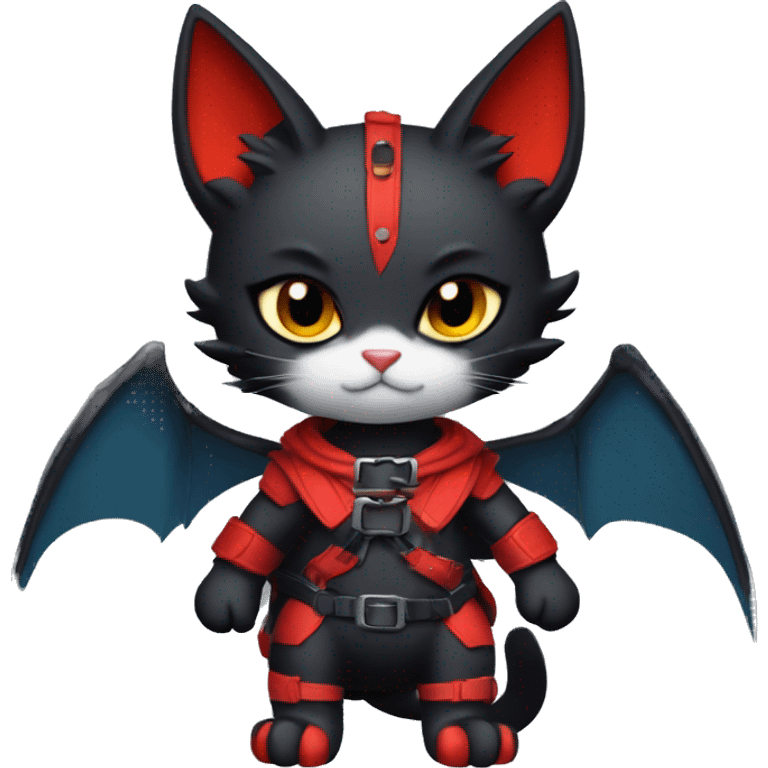 Cool Edgy Ethereal Fantasy Litten-Nargacuga-Cat with black bat-wing-ears with a red harness full body emoji