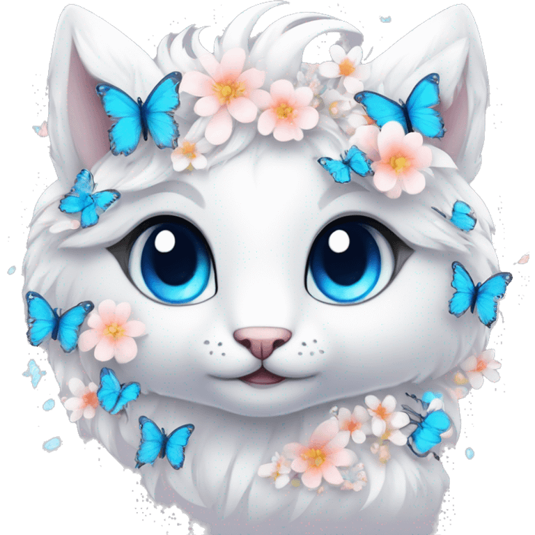 Edgy Cute Cool Kawaii gorgeous sparkly ethereal white fantasy animal with blue eyes sona with flowers and butterflies emoji