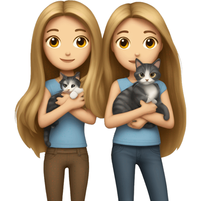 Two long hair girls and two cats in hands emoji