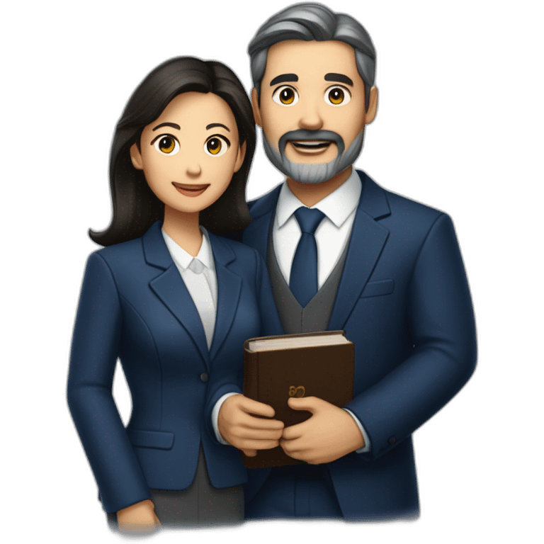 husband middle aged executive classic dark hair thin beard wearing dark blue business suit and bible, with wife filipina age 55 dark hair emoji