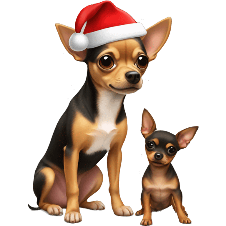 A blonde chihuahua and a miniature Pinscher wearing Santa hats  emoji