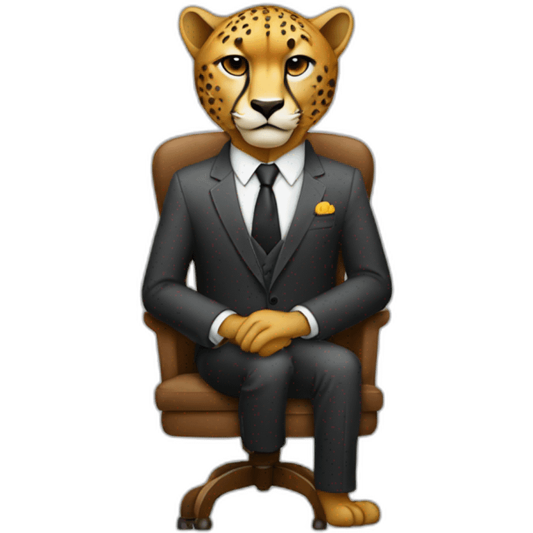 A cheetah wearing a suit looking straight while sitting in a chair emoji