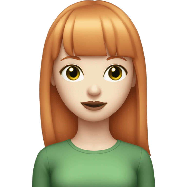 ginger girl, pale face, green eyes, pink lipstick, shoulde lenght straight hair with bangs emoji