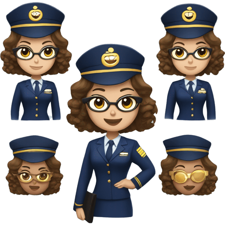 Emoji-style plus-sized light skin flight attendant with wavy brown hair and golden eyeglasses, wearing a navy uniform, holding a heavy stack of caps. emoji