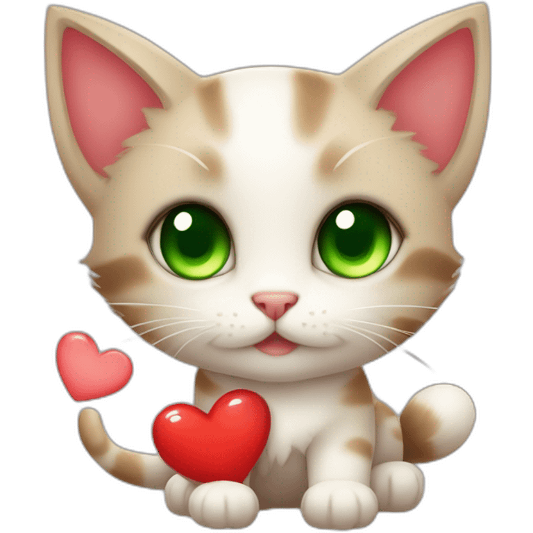 Super cute kitten with green anime eyes holding red hearts emoji