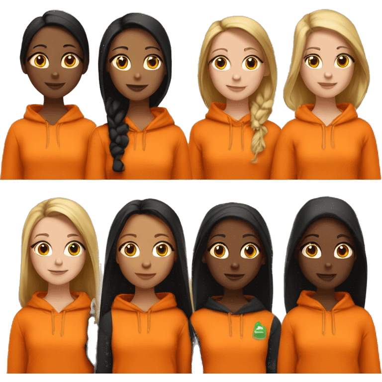 4 white girls with black haie wearing orange hoodies emoji