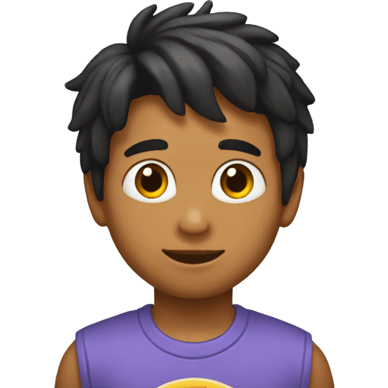 Niño con pelo negro con un yorki mesclado con salchicha emoji