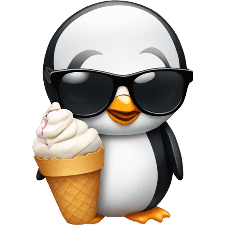 A penguin with Black sunglasses with an icecream in his flipper emoji