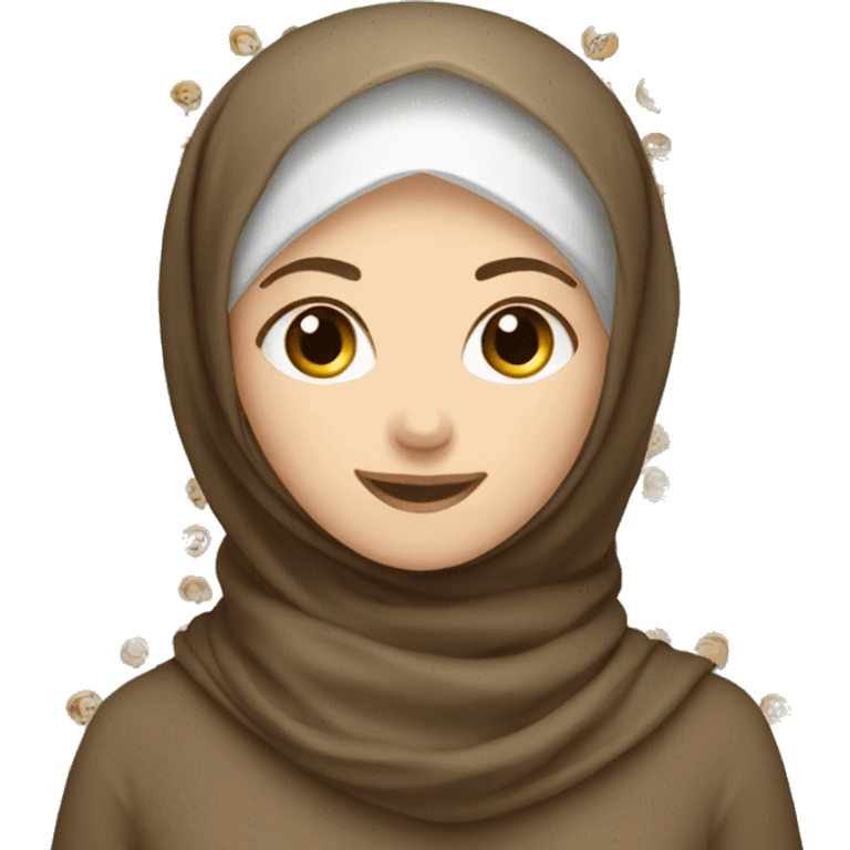 white girl wearing brown hijab with warm smile emoji