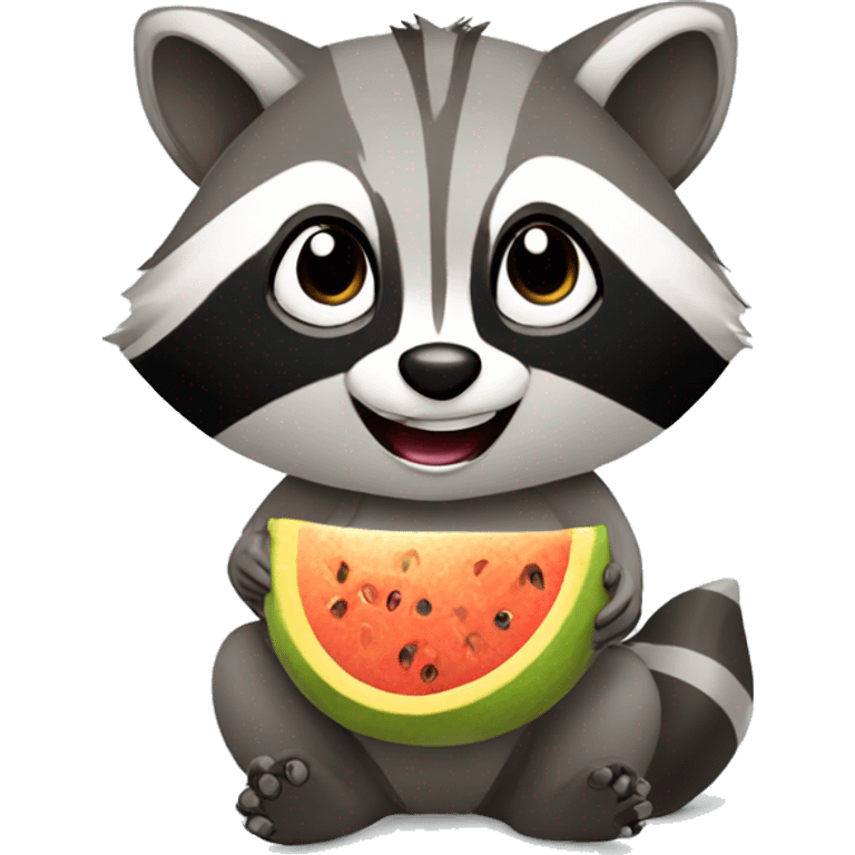 Raccoon eating fruit with a smile emoji