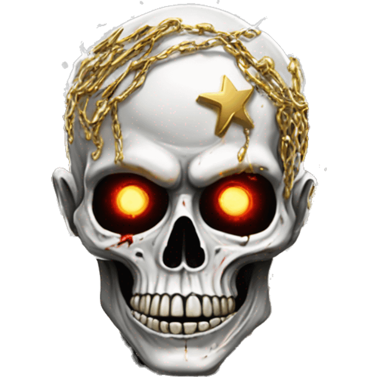 White skeleton zombie person covered in golden chains and black graffiti scribbles and red and silver doodles wings made of lightning snowing snowflakes emoji