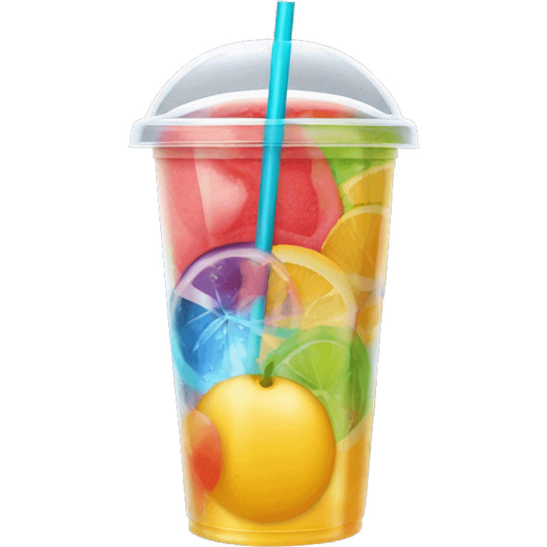 Realistic plastic domed lid cup with colorful straw and juice with ice inside of the cup. emoji