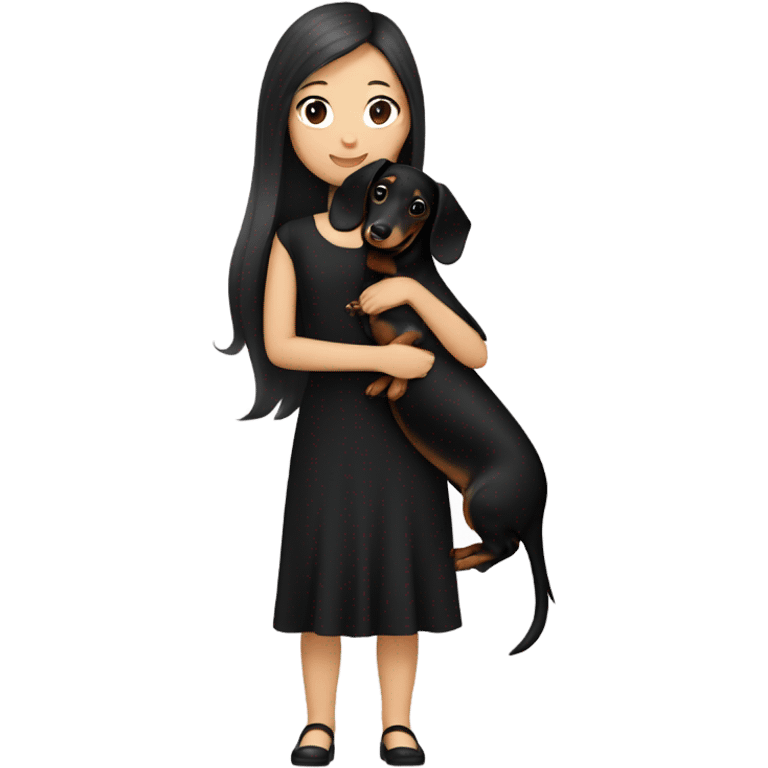 an Asian girl with long hair, wear black dress, hugging a black and tan long haired dachshund emoji