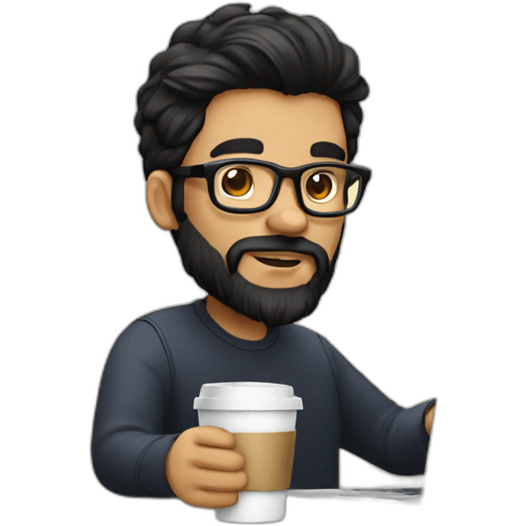 Designer with black hair, beard and glasses working with MacBook and drinking cappuccino  emoji