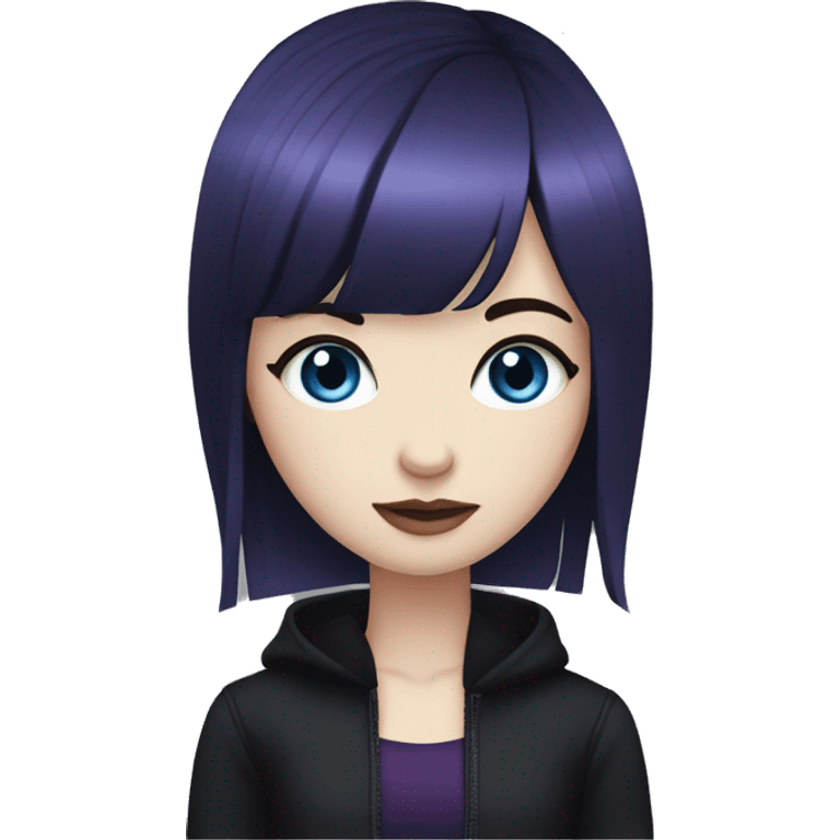 girl, pale skin, blue eyes, dark purple hair, bangs, black clothes, eyeliner emoji