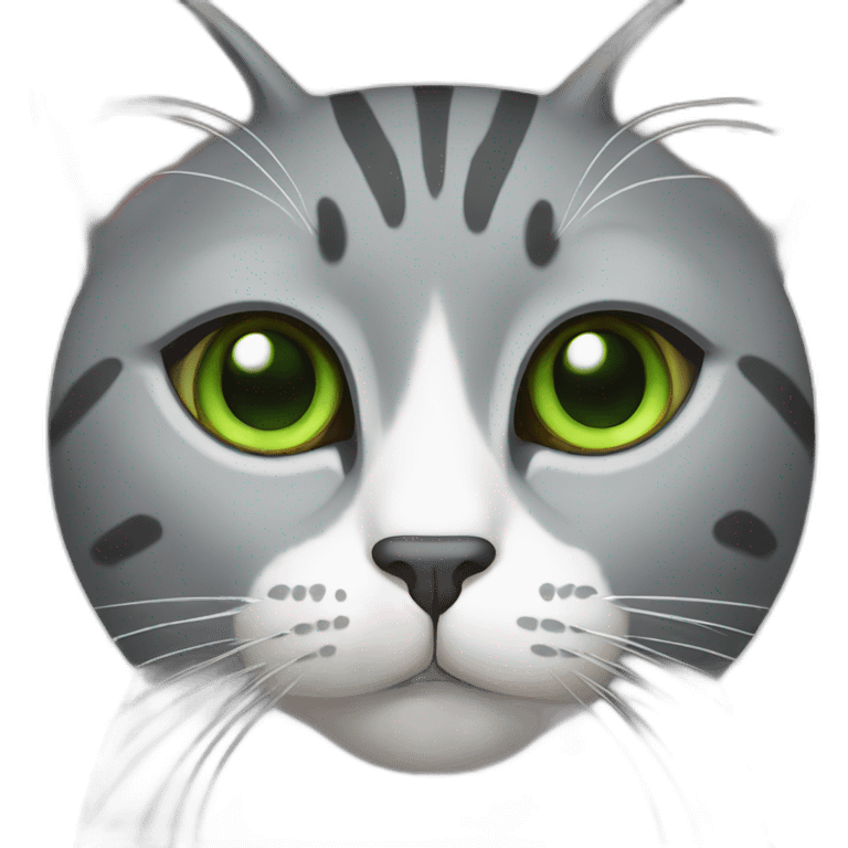 Gray cat with green eyes with white spot under nose and white stripe from nose to forehead emoji