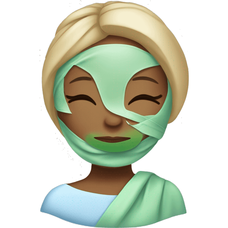 A girl’s face with a blue relaxing spa mask on, her eyes closed, with a peaceful and serene expression. Her hair is tied back with a towel wrap, and there are small details of cucumber slices placed over her eyes. emoji