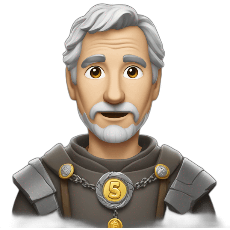 medieval coin engravers guild leader, 50 years old, grey hair, bust, has a necklace with a coin, has a coin in one hand emoji