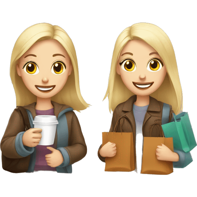 Two Russian best friends shopping together with bags with coffee  emoji