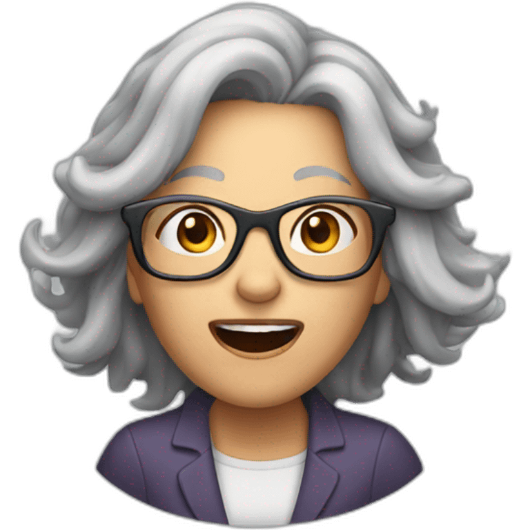 Long grey haired Woman with glasses shouting emoji