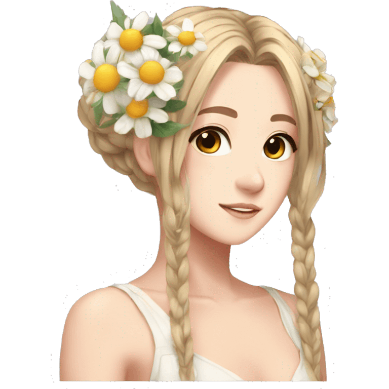 two anime women, flowers in hair, beautiful, aesthetic emoji