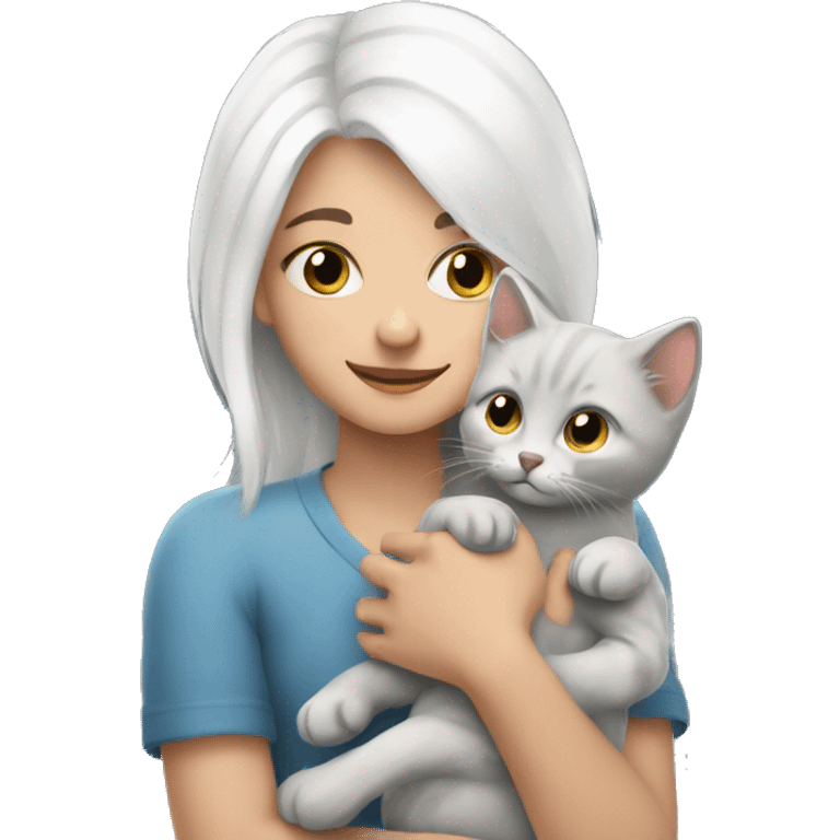 white hair girl hugs grey kitten  emoji