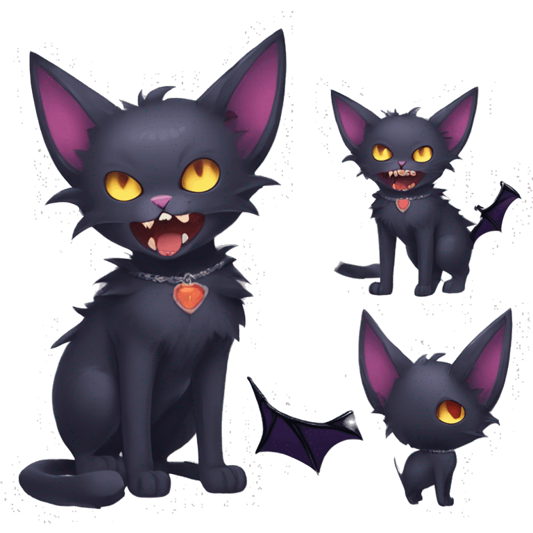   cool edgy kawaii ethereal dark-punk-themed animal vampiric cat-hybrid Fakemon with fangs and bat-wing-ears with a collar full body emoji