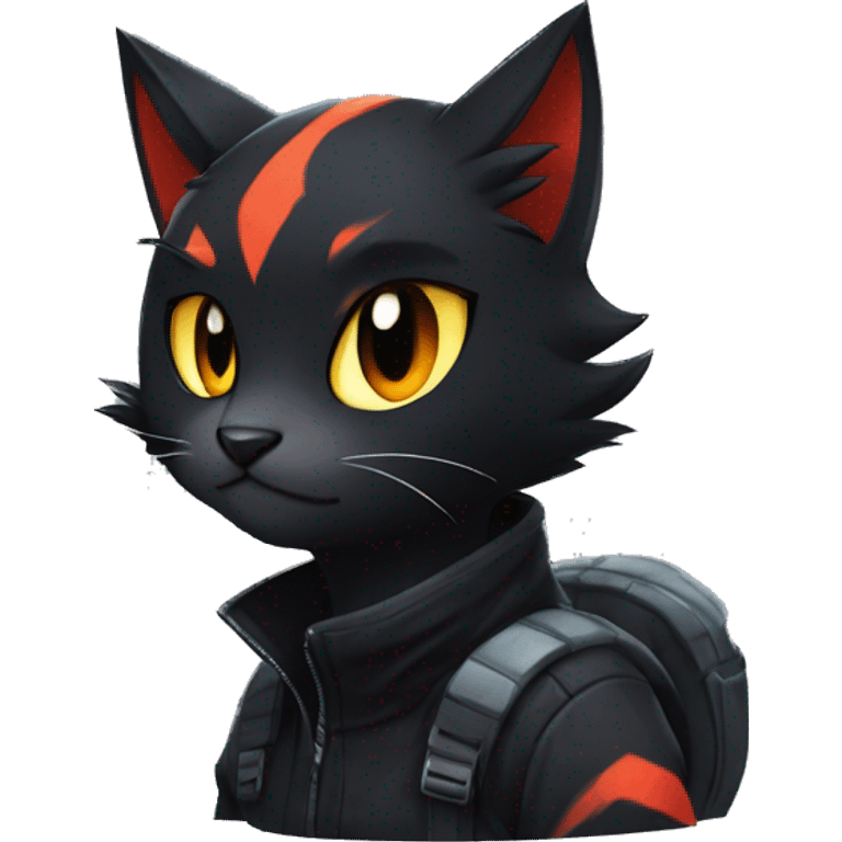 Edgy Shy Anthro boyish cool pretty dark black Litten-Pokémon-cat-fursona-animal techwear ponytail emoji