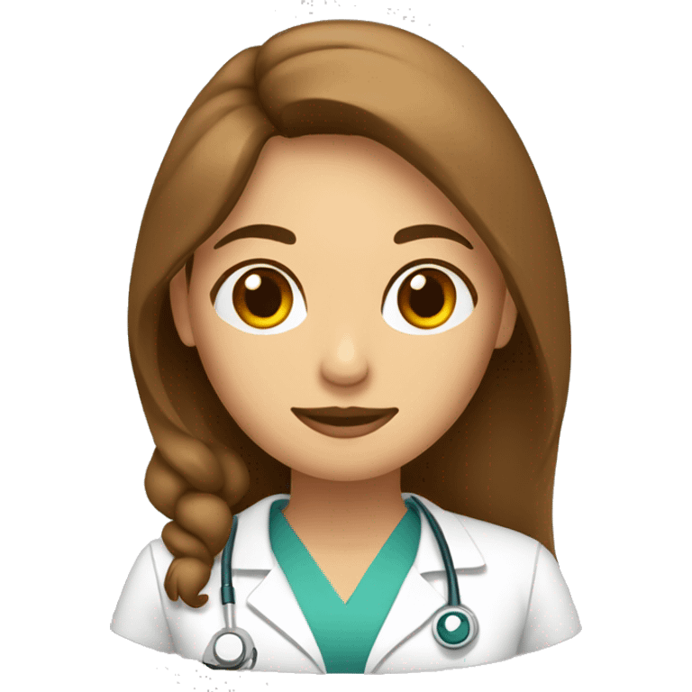 mujer medico de pelo marron y largo. Con ojos marrones. emoji