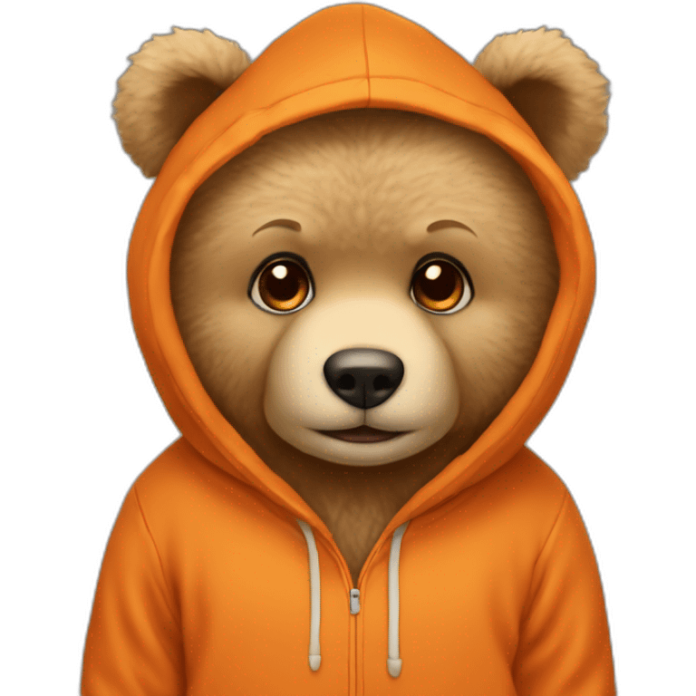 A cute beige teddy bear wearing an orange hoodie. His eyes are black emoji