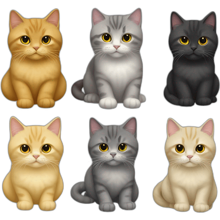 create 4 cat 's emoji. Includes black British Shorthair, yellow British Longhair, Himalayan Longhair, gray British Shorthair emoji