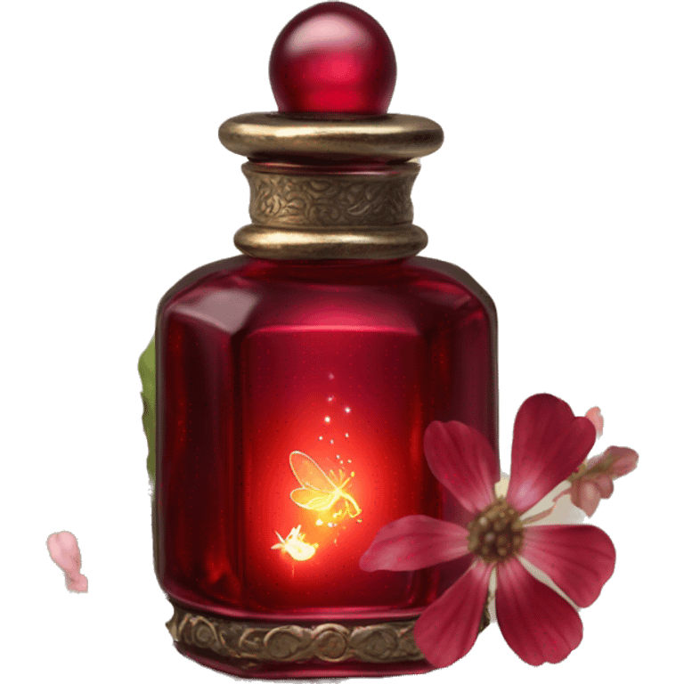 Dark red magic fairy light sparkling old Antique oil perfume bottle with herbal and flowers emoji