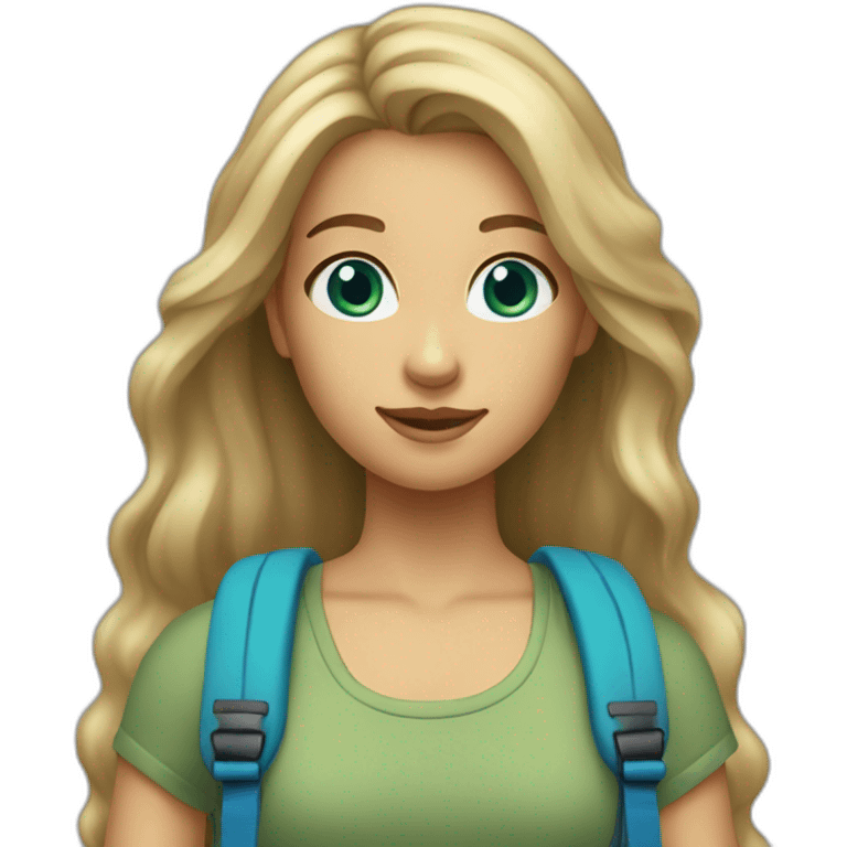 a girl with long dirty blonde hair and bright blue eyes wearing a tube top and sage green backpack emoji