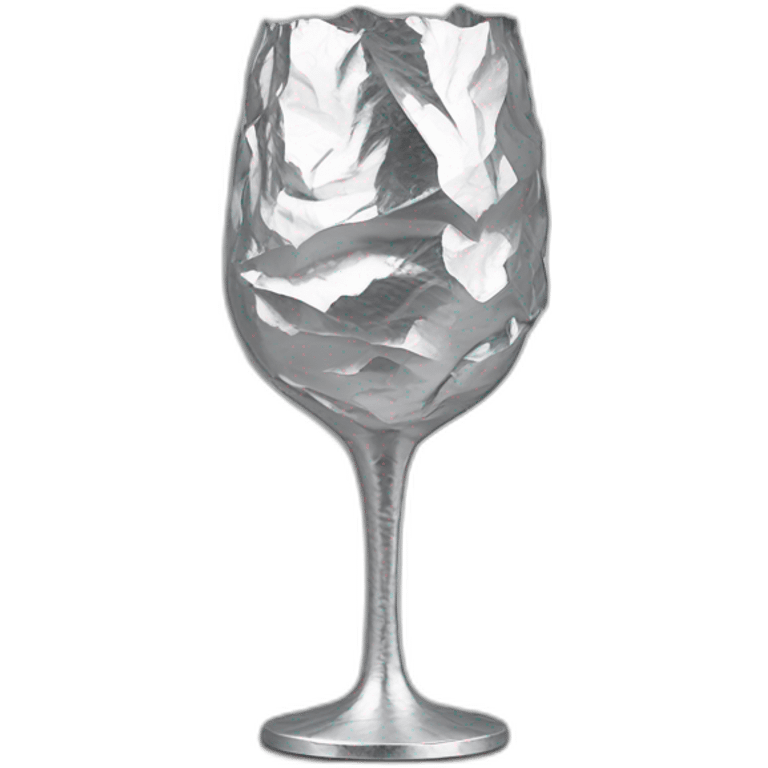 A 3D layer of A reflective, crinkled and wrinkled aluminum foil covering a wine glass shape, like a stemmed wine glass emoji