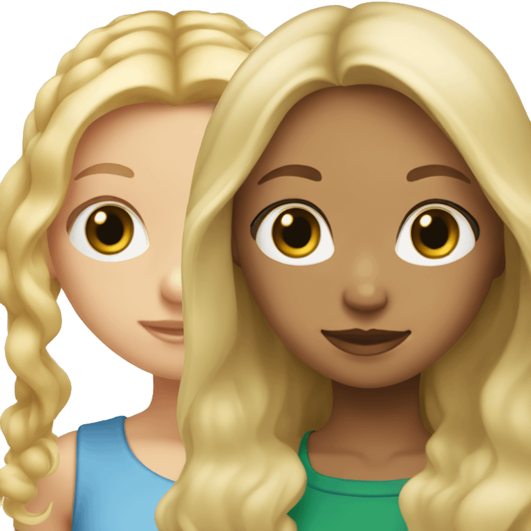 Two girls, one of them is a blonde with straight hair, fair skin and green eyes, the other one has fair skin, blue eyes, light brown curly hair emoji