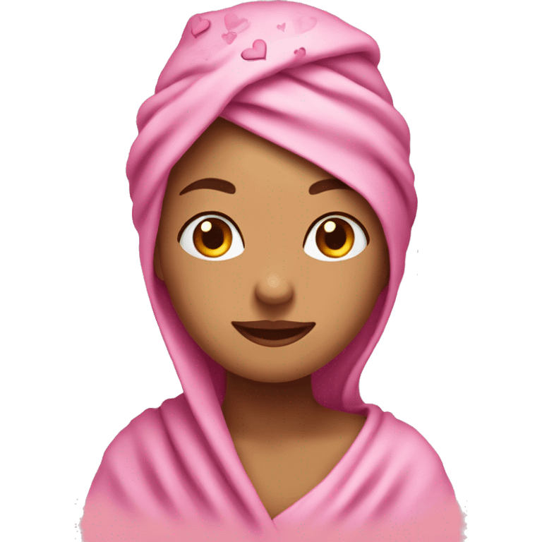 A female emoji style emoticons with a towel on her head and little hearts around her emoji