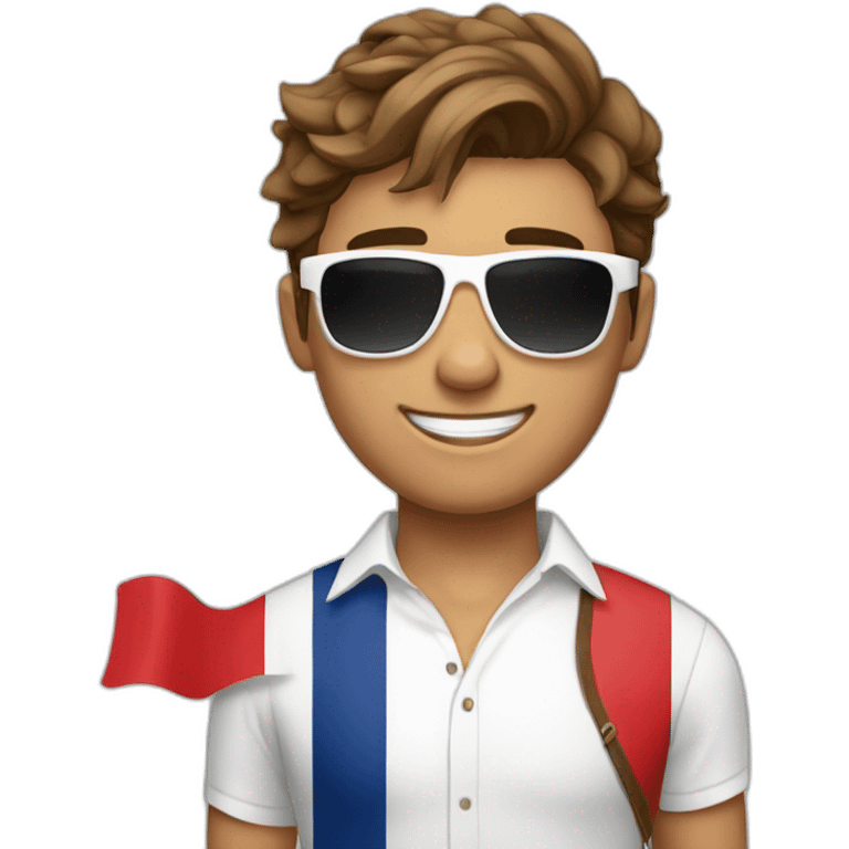 A young fit man with a white shirt and sunglasses on his hair with brown hair and a French flag in his hand emoji